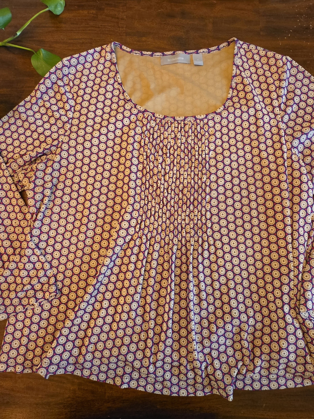 Liz Claiborne Burgundy Geometric Print Scoop Neck Short Sleeve Blouse Top - 3X